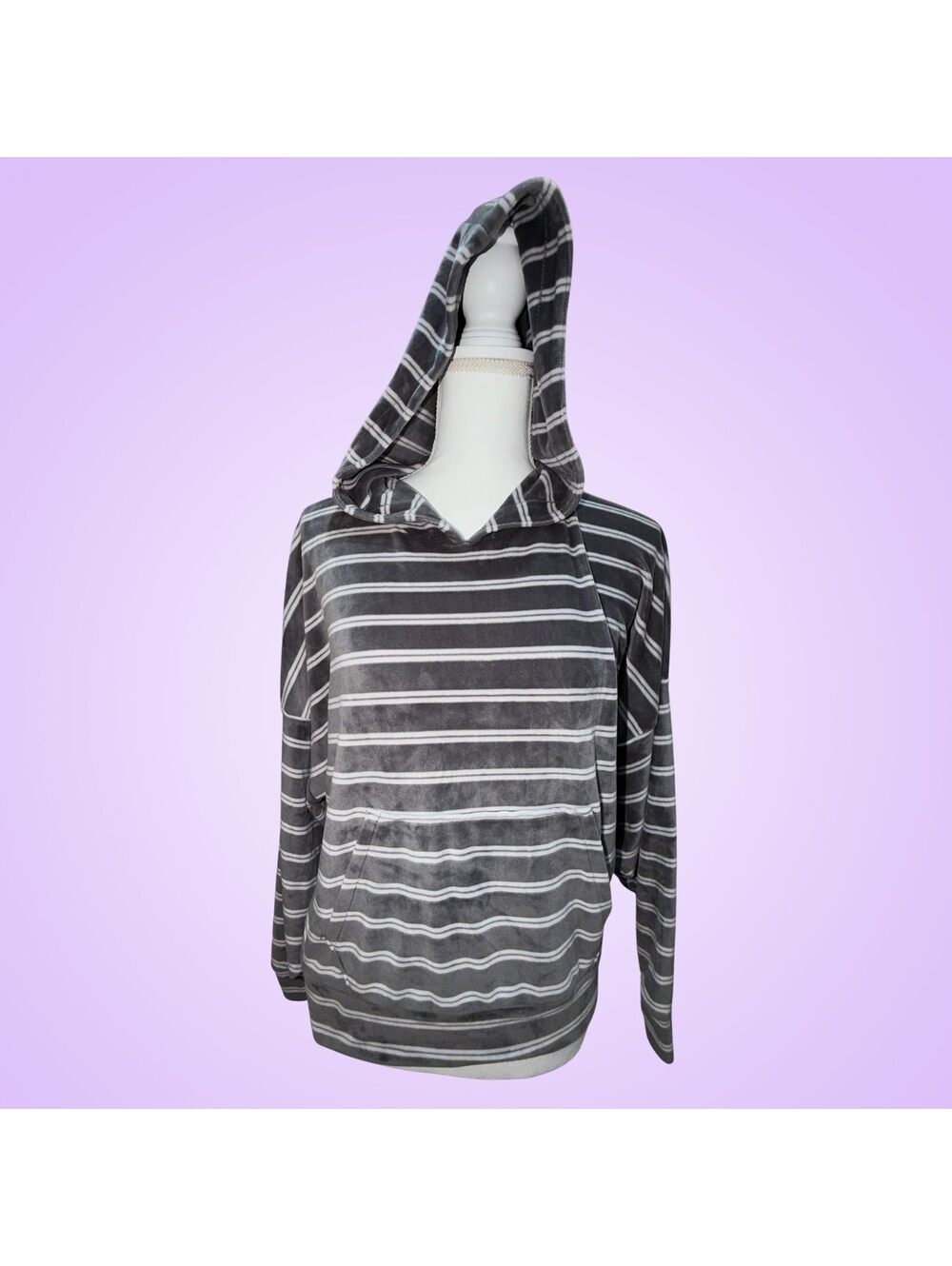 American Eagle Small Gray Striped Velour Pullover Hoodie | Kangaroo Pocket